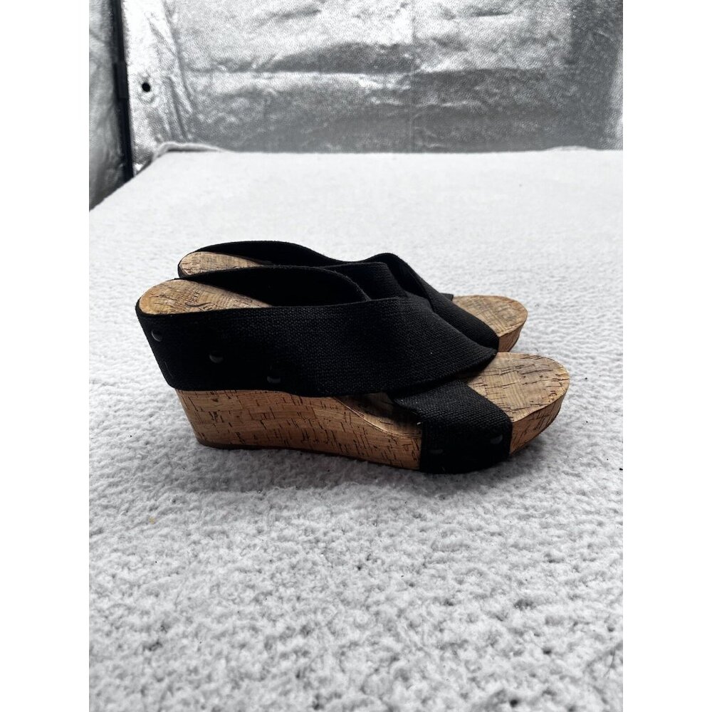 Women's Lucky Brand Miller Black Strap Slip On Cork Wedge Sandals Size 8 - Picture 6 of 13